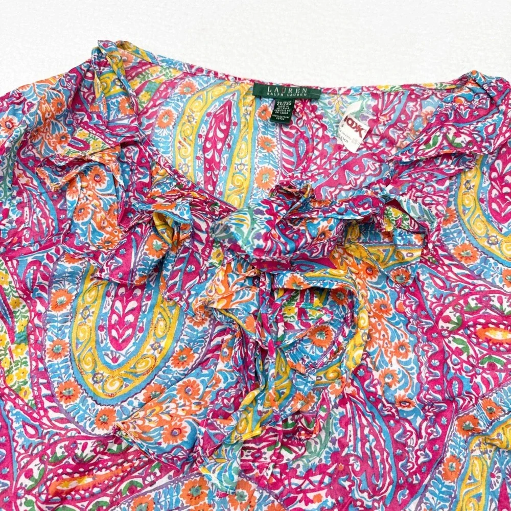 Lauren Ralph Lauren Top Plus Size 2X Multicolor Paisley Floral Ruffle Trim NW - Picture 3 of 8